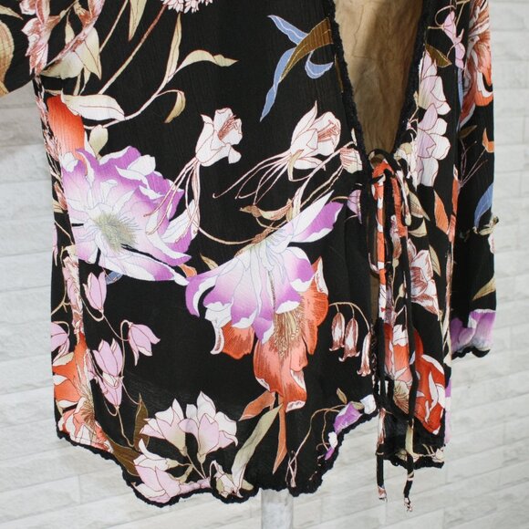 KNOX ROSE Top Jacket Open Front Tie Floral Ruffle Peplum Swimsuit Cover Black XL - Picture 3 of 13